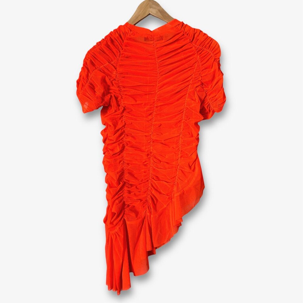 AKIRA Rory Ruched Mesh Asymmetrical Short Sleeve T-shirt Orange Womens Large Y2K - Picture 9 of 14